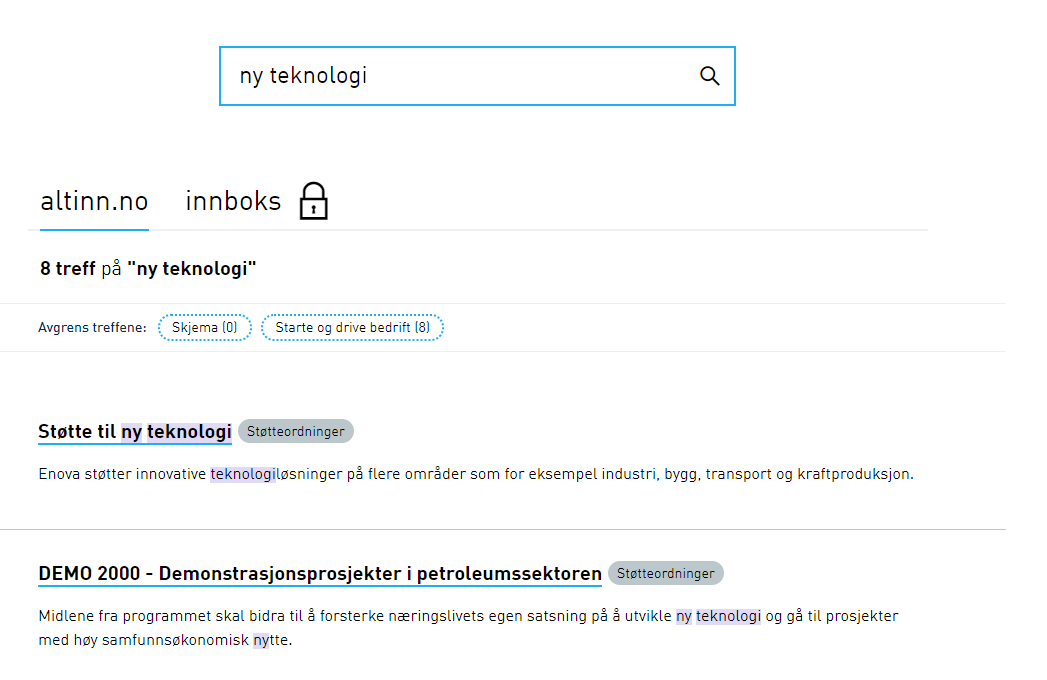 Ny løsning for søk Bilde av søkeresultat i Altinn