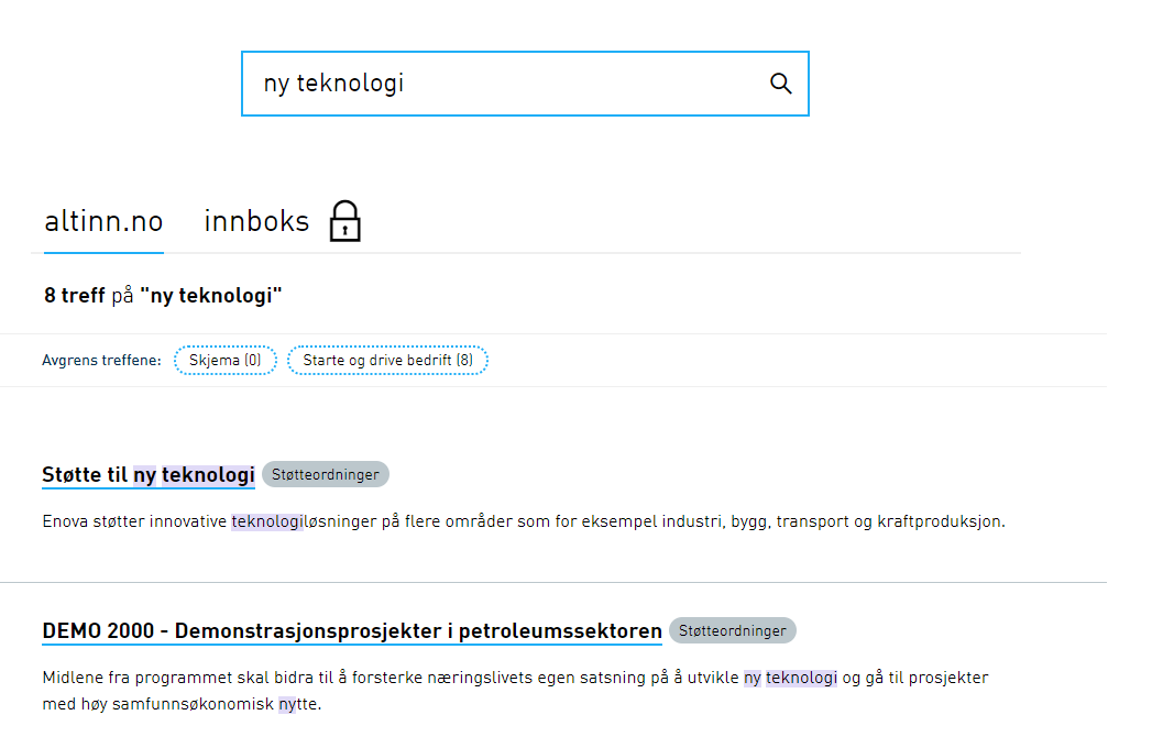 Bilde av søkeresultat i Altinn